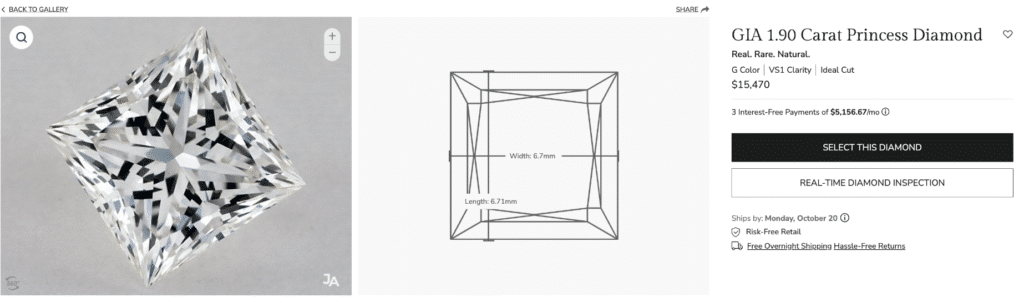 Close-up view of a James Allen 1.90 carat GIA certified princess cut diamond with VS1 clarity and ideal cut, showing detailed dimensions and pricing for online purchase.