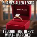 Feature image for "Is James Allen Legit?" blog post, showing a sparkling princess cut diamond ring in a yellow gold setting inside a red James Allen box, with the text "IS JAMES ALLEN LEGIT? I BOUGHT THIS. HERE'S WHAT HAPPENED." overlaid on a softly blurred home interior background.