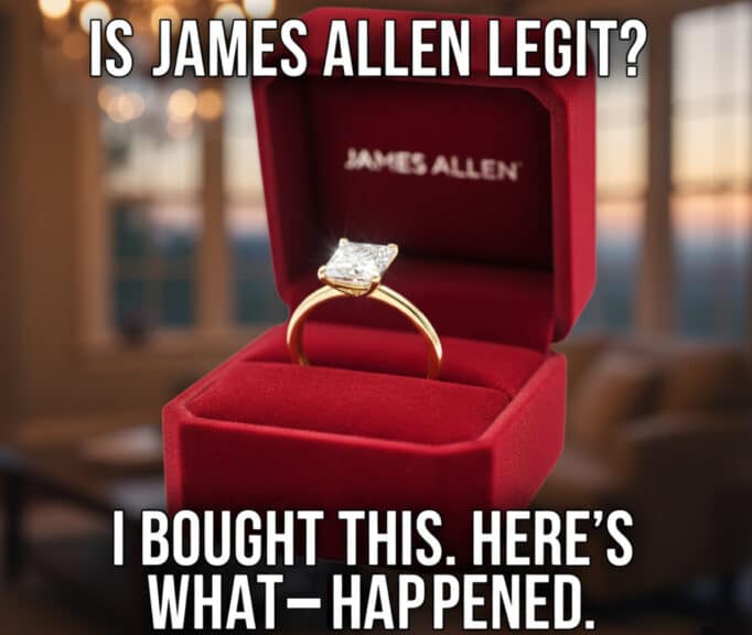 Feature image for "Is James Allen Legit?" blog post, showing a sparkling princess cut diamond ring in a yellow gold setting inside a red James Allen box, with the text "IS JAMES ALLEN LEGIT? I BOUGHT THIS. HERE'S WHAT HAPPENED." overlaid on a softly blurred home interior background.