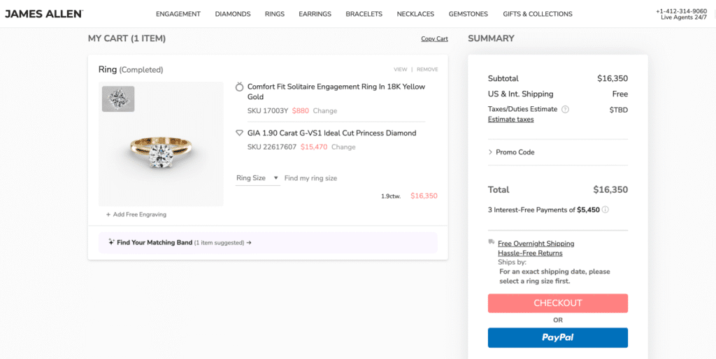 The James Allen shopping cart page showing the $16,350 total price for the custom engagement ring, including the Comfort Fit Solitaire setting and the GIA 1.90 carat Princess Diamond, with options for free engraving, free shipping, hassle-free returns, and PayPal checkout.