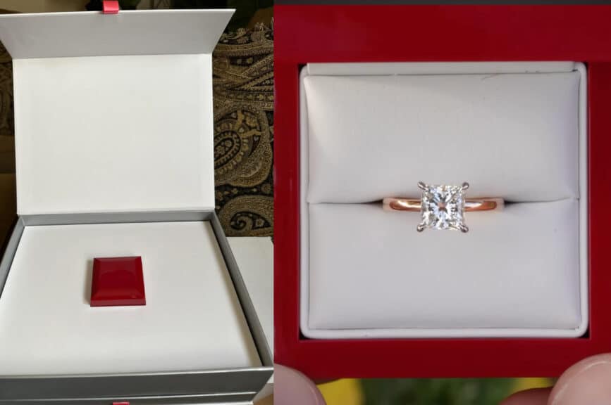 An unboxing shot showing the James Allen outer box interior containing the small red keepsake ring box, next to a close-up of a princess cut diamond set in a classic yellow gold solitaire engagement ring.