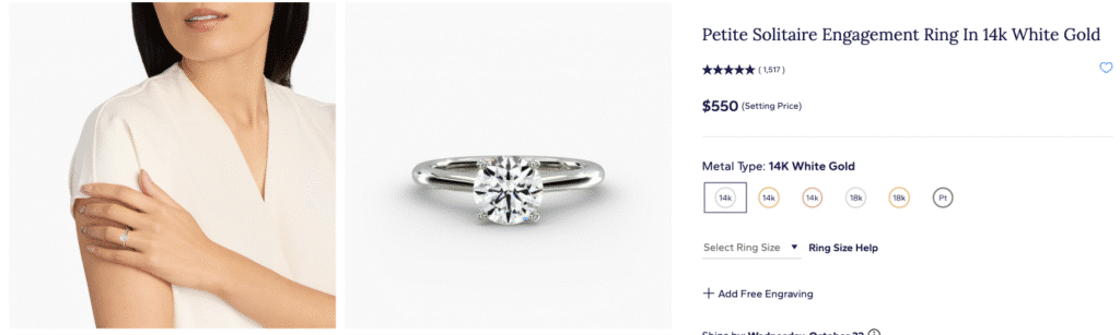 James Allen Petite Solitaire Engagement Ring in 14K White Gold, showing the classic four-prong setting design and the $550 setting price.