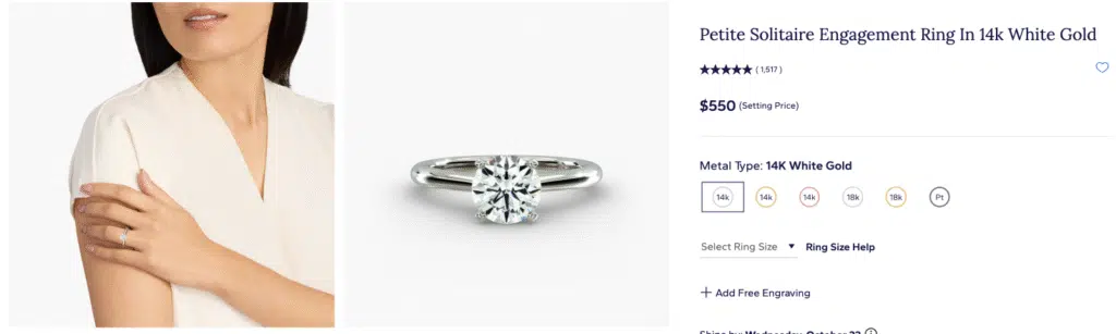 James Allen Petite Solitaire Engagement Ring in 14K White Gold, showing the classic four-prong setting design and the $550 setting price.