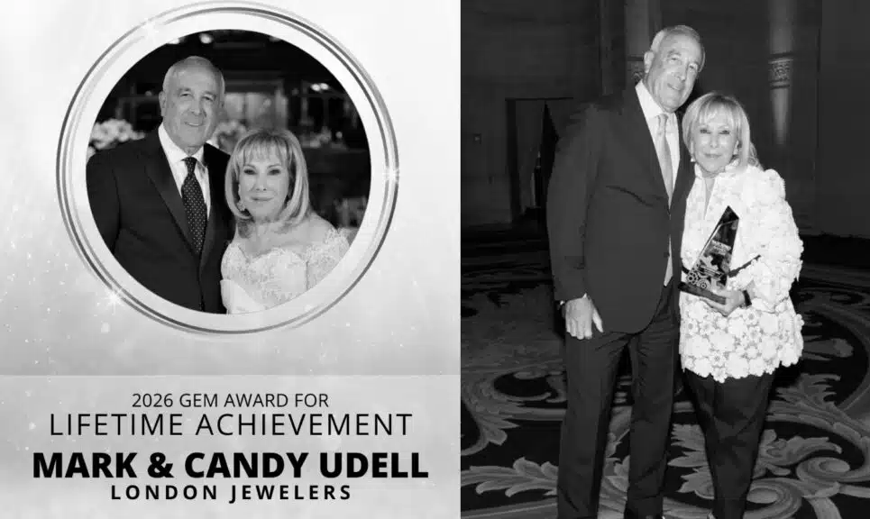 Mark and Candy Udell of London Jewelers receiving the 2026 GEM Award for Lifetime Achievement, celebrating their multi-generational legacy in the luxury jewelry industry.