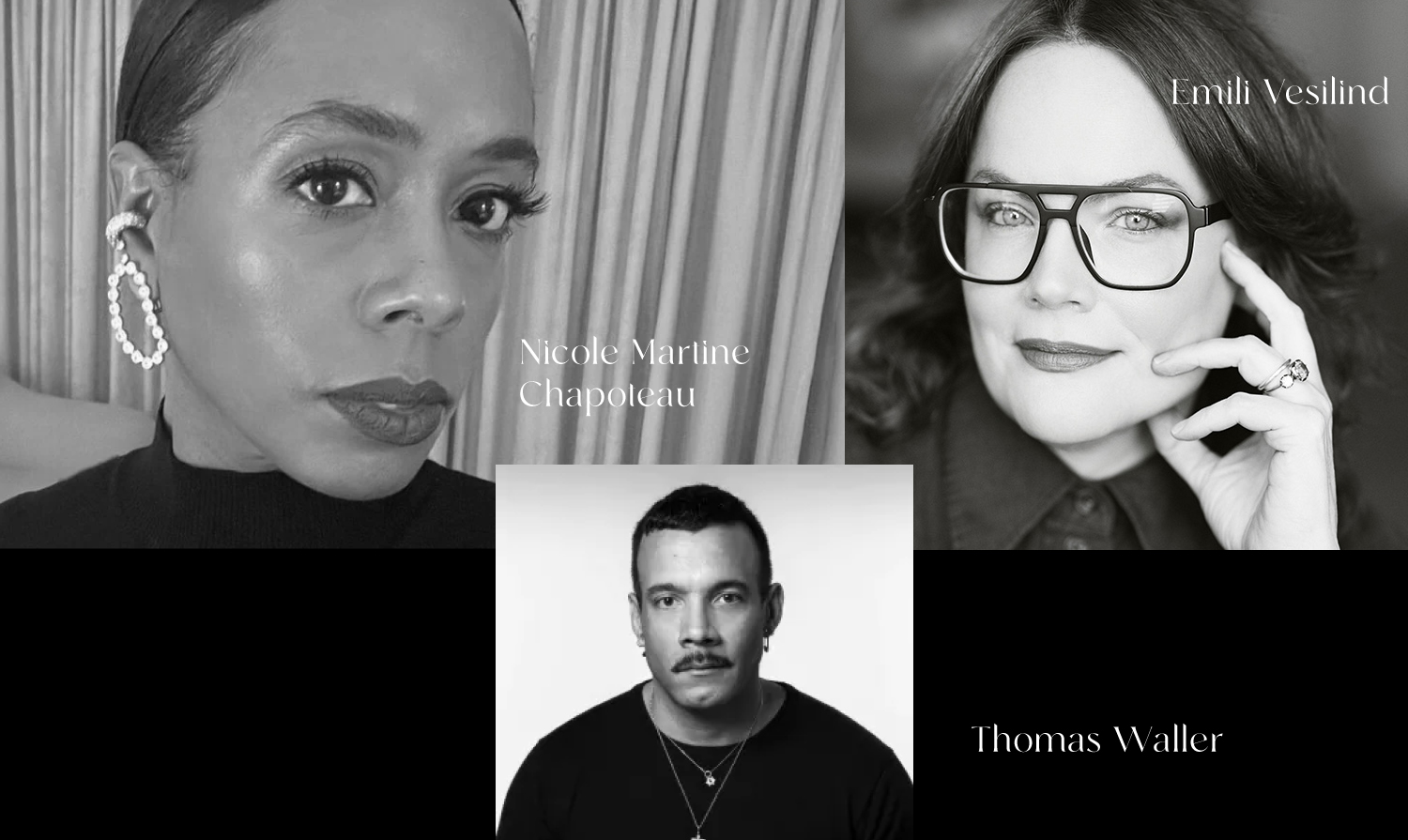 Portraits of media professionals Nicole Martine Chapoteau (Vanity Fair), Emili Vesilind, and Thomas Waller, honored for their role as storytellers shaping jewelry's cultural relevance.