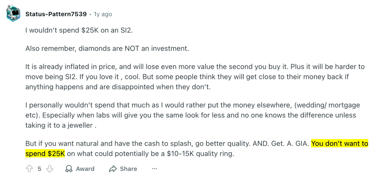 Reddit comment on EGL's financial risk, stating, "You don’t want to spend $25K on what could potentially be a $10-15K quality ring."