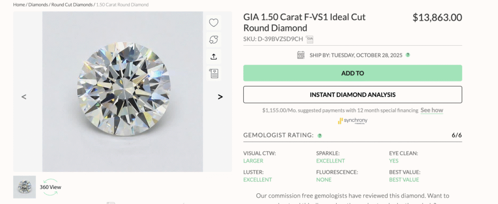 Details of the Ritani diamond (1.50 ct, F/VS1, Ideal Cut) priced at $13,863, showing the superior cut grade and lower cost.