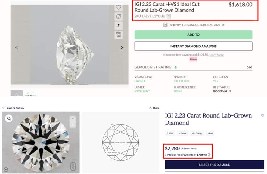 Combined image showing Ritani's 2.23ct H-VS1 Ideal Cut lab-grown diamond at $1,618 (top) and James Allen's 2.23ct H-VS1 Ideal lab-grown diamond at $2,280 (bottom), highlighting significant price differences.