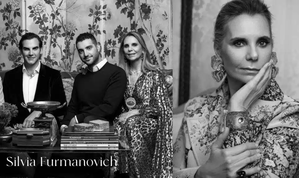 Portrait of Brazilian jewelry designer Silvia Furmanovich with her family, known for her high jewelry that incorporates natural materials like bamboo and wood with precious gems.