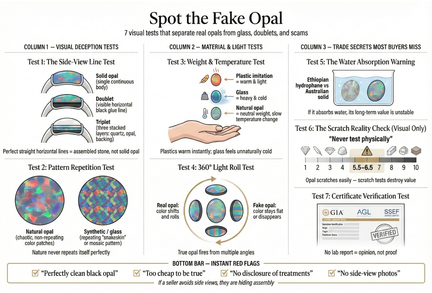 An educational infographic titled "Spot the Fake Opal". It illustrates 7 tests: 1. Side-View Line Test (Detecting glue lines in doublets), 2. Pattern Repetition (Natural chaos vs. Synthetic snakeskin), 3. Weight & Temp (Plastic is warm, Glass is heavy), 4. 360 Light Roll, 5. Water Absorption Warning, 6. Scratch Reality Check (Never test physically!), and 7. Certificate Verification.