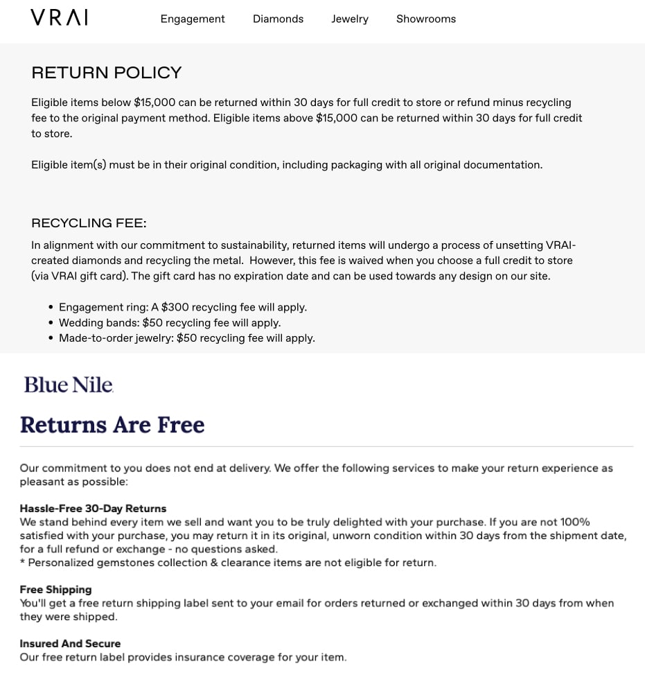 Side-by-side comparison of Vrai and Blue Nile return policies, showing Vrai's mandatory $300 recycling fee for engagement ring refunds versus Blue Nile's Hassle-Free, 30-Day Free Returns policy.