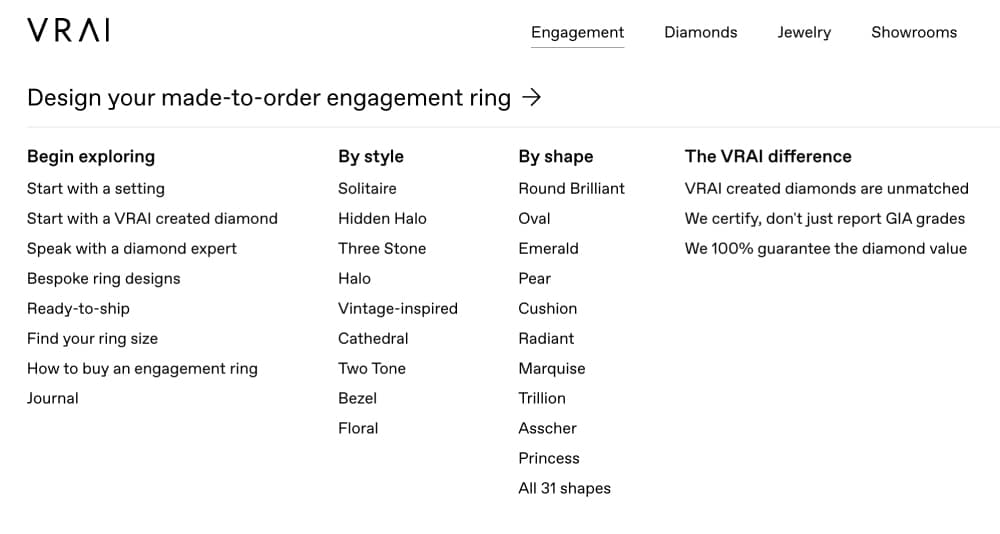 Vrai website menu showing curated options by style (Solitaire, Hidden Halo, Three Stone) and shape, emphasizing 'The VRAI difference' over GIA reports.
