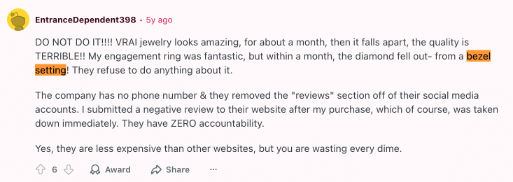 Reddit post showing a Vrai engagement ring diamond fell out of a bezel setting, citing terrible quality and a refusal from Vrai to honor the warranty.