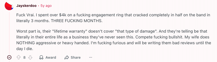 Reddit post by user Jayskerdoo detailing their Vrai engagement ring band cracking completely in half after only 3 months, highlighting a warranty denial.