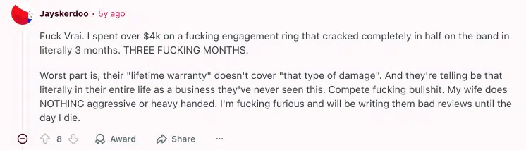 Reddit post by user Jayskerdoo detailing their Vrai engagement ring band cracking completely in half after only 3 months, highlighting a warranty denial.