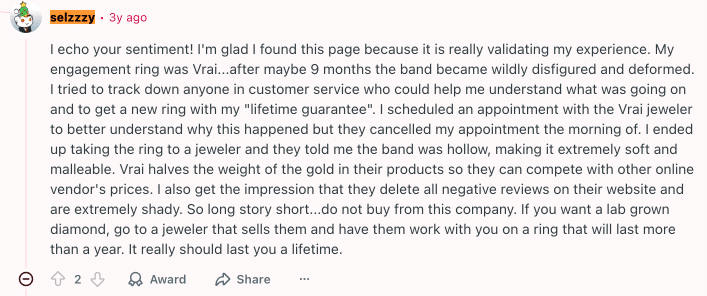 Reddit post by user selzzzy confirming her Vrai engagement ring band was deformed and a jeweler told her the band was hollow, detailing poor customer service.
