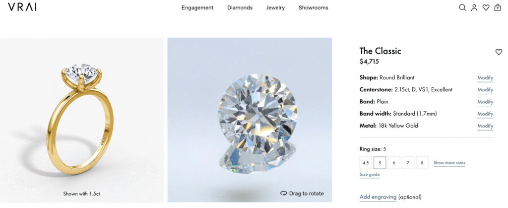 Vrai 'The Classic' Solitaire Engagement Ring featuring a 2.15 Carat D-VS1 Excellent Cut Round Lab-Grown Diamond in 18k Yellow Gold priced at $4,715, relying on Vrai’s in-house grading.