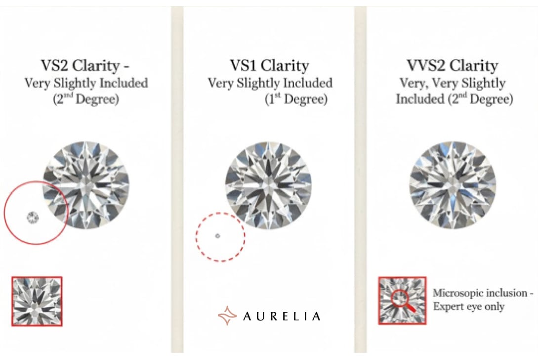Side-by-side comparison of VS2, VS1, and VVS2 round diamond clarity grades. The VS2 shows a small, magnified inclusion. The VS1 shows a pinpoint inclusion. The VVS2 diamond explicitly states the inclusion is microscopic, demonstrating that all three grades are visually eye-clean but differ only under an expert's magnification.