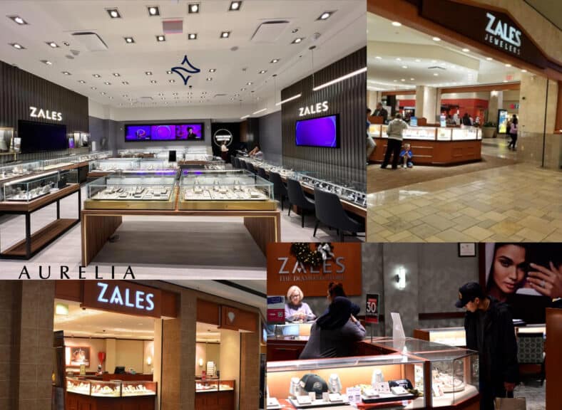 A collage showing multiple Zales Jewelers interior and mall kiosk locations, featuring bright lighting, extensive glass display cases, and customer interactions with sales staff. The image highlights the in-person, traditional jewelry shopping environment offered by Zales.