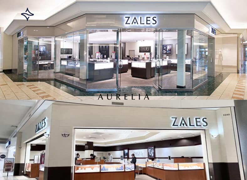 A collage showing the exterior and interior views of two different Zales The Diamond Store locations situated inside a bright shopping mall. The image illustrates the traditional, physical store experience Zales offers for engagement rings and jewelry.