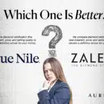 A confused woman with a question mark over her head positioned between the logos for Blue Nile and Zales (The Diamond Store). This feature image for a comparison guide asks, "Which One Is Better?" focusing on diamond certification and engagement ring price and quality.