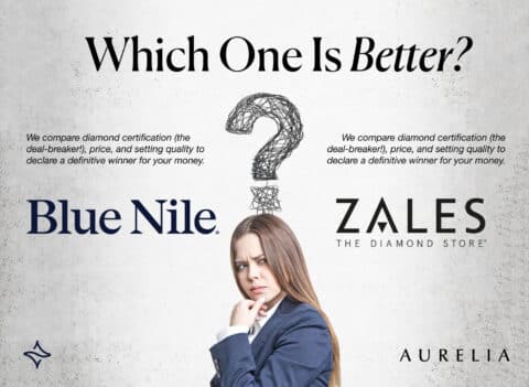 A confused woman with a question mark over her head positioned between the logos for Blue Nile and Zales (The Diamond Store). This feature image for a comparison guide asks, "Which One Is Better?" focusing on diamond certification and engagement ring price and quality.