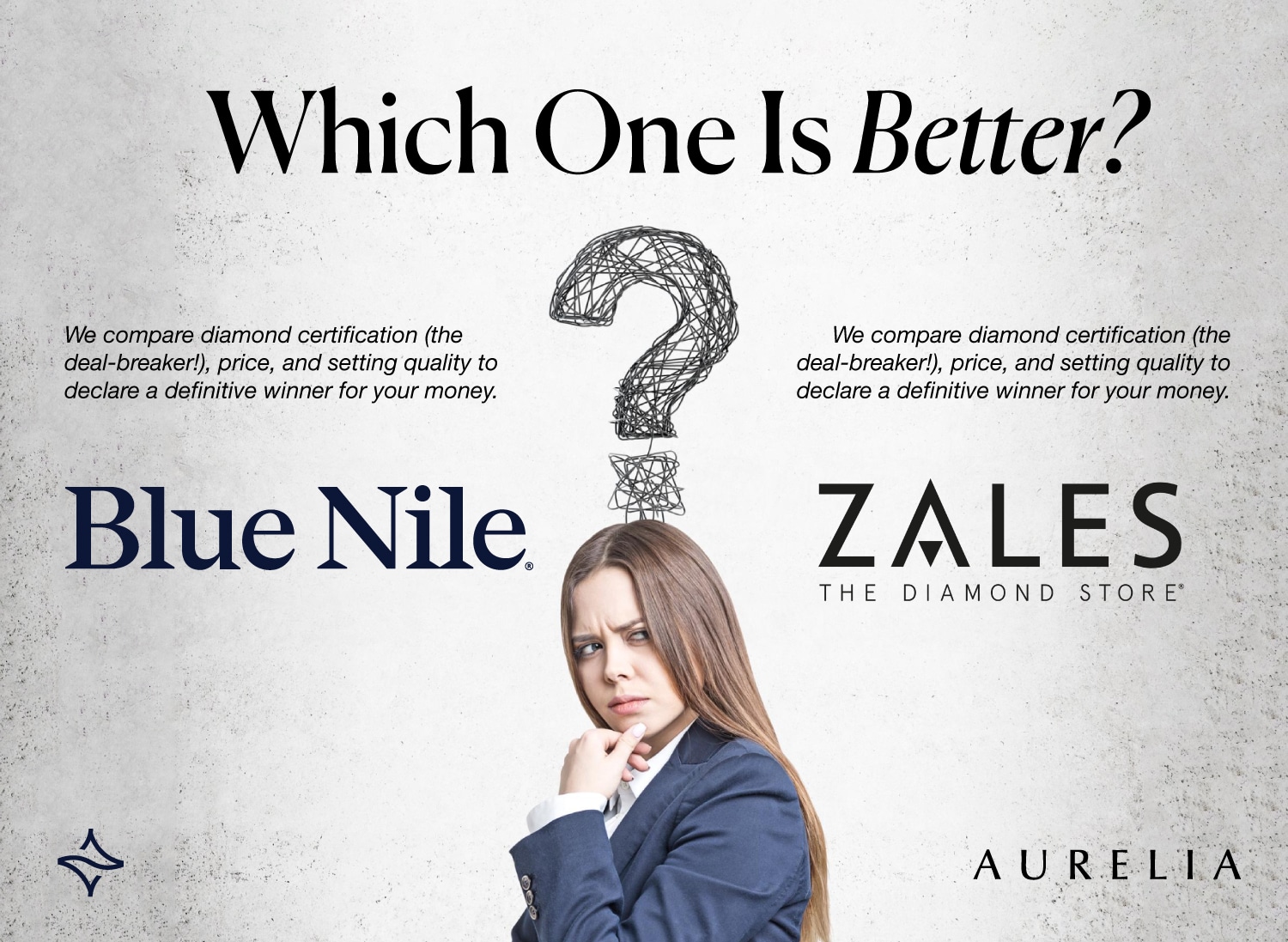 A confused woman with a question mark over her head positioned between the logos for Blue Nile and Zales (The Diamond Store). This feature image for a comparison guide asks, "Which One Is Better?" focusing on diamond certification and engagement ring price and quality.