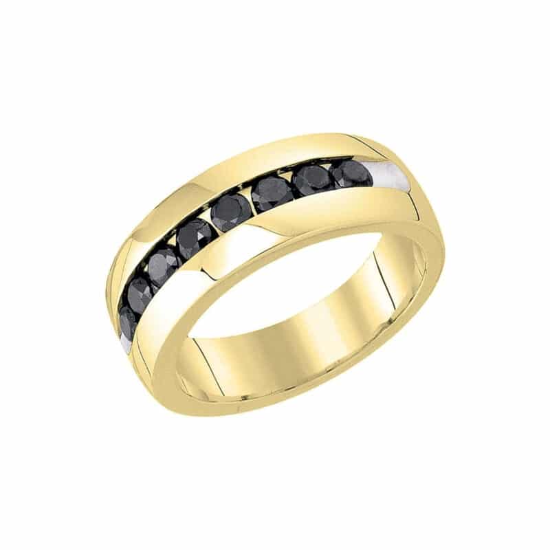A bold 10k Gold Mens Wedding Band in Yellow Gold featuring 1.00 CTW of Round Black Color Enhanced Diamonds.