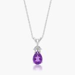 A Pear Shaped Amethyst (0.65 CT min) and Tri-Diamond Birthstone Pendant Necklace in 14K White Gold, a unique and meaningful option among Luxury Push Present Ideas.
