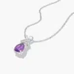 A Pear Shaped Amethyst (0.65 CT min) and Tri-Diamond Birthstone Pendant Necklace in 14K White Gold, a unique and meaningful option among Luxury Push Present Ideas.