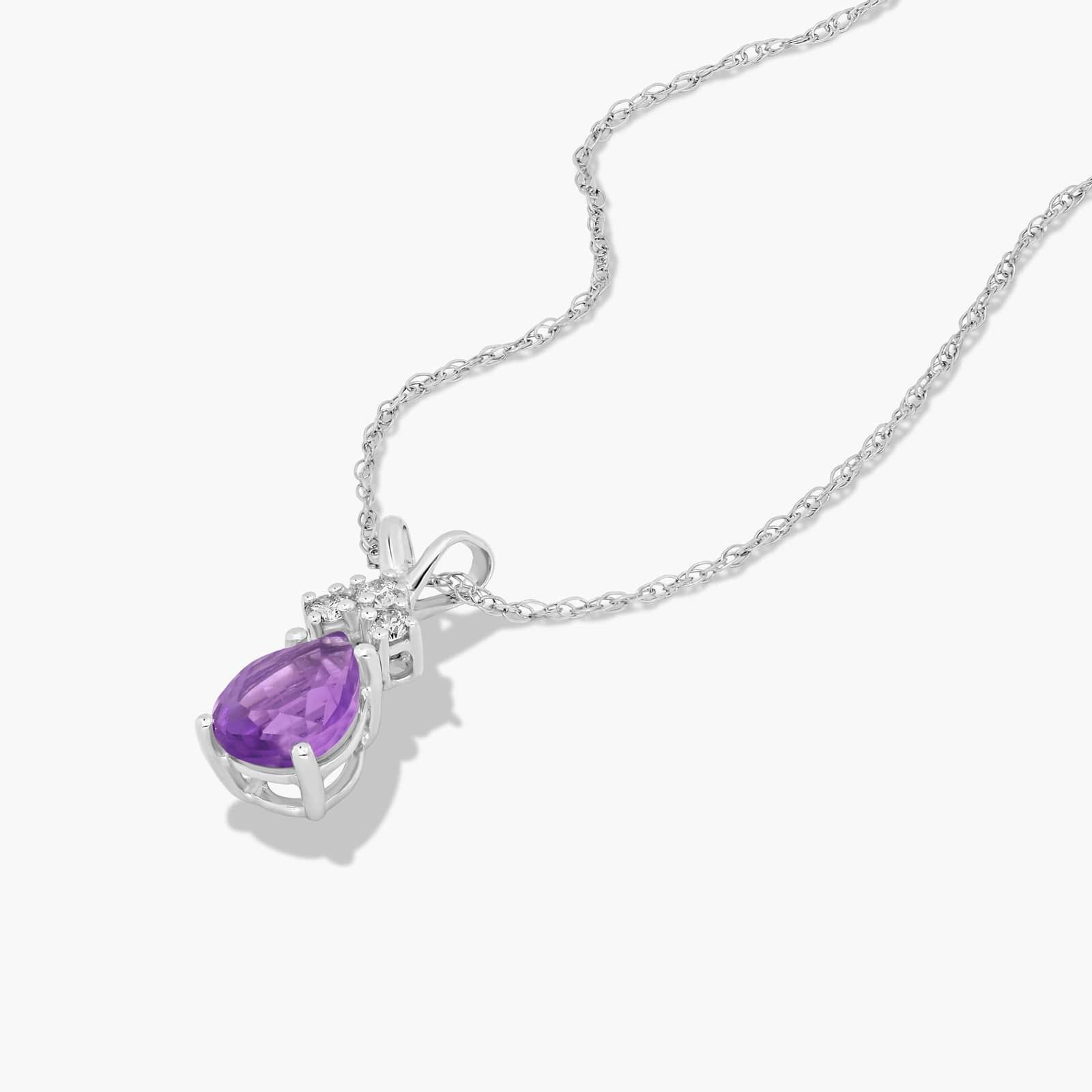 14K White Gold Pear Shaped Amethyst & Tri-Diamond Birthstone Pendant Necklace 2 A Pear Shaped Amethyst (0.65 CT min) and Tri-Diamond Birthstone Pendant Necklace in 14K White Gold, a unique and meaningful option among Luxury Push Present Ideas.