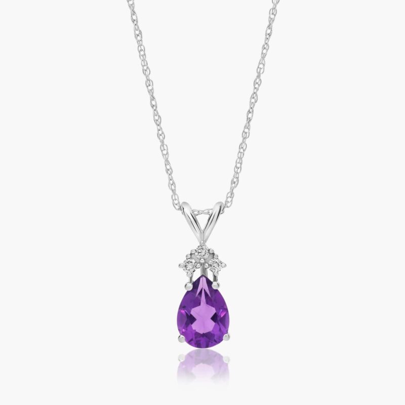 A Pear Shaped Amethyst (0.65 CT min) and Tri-Diamond Birthstone Pendant Necklace in 14K White Gold, a unique and meaningful option among Luxury Push Present Ideas.