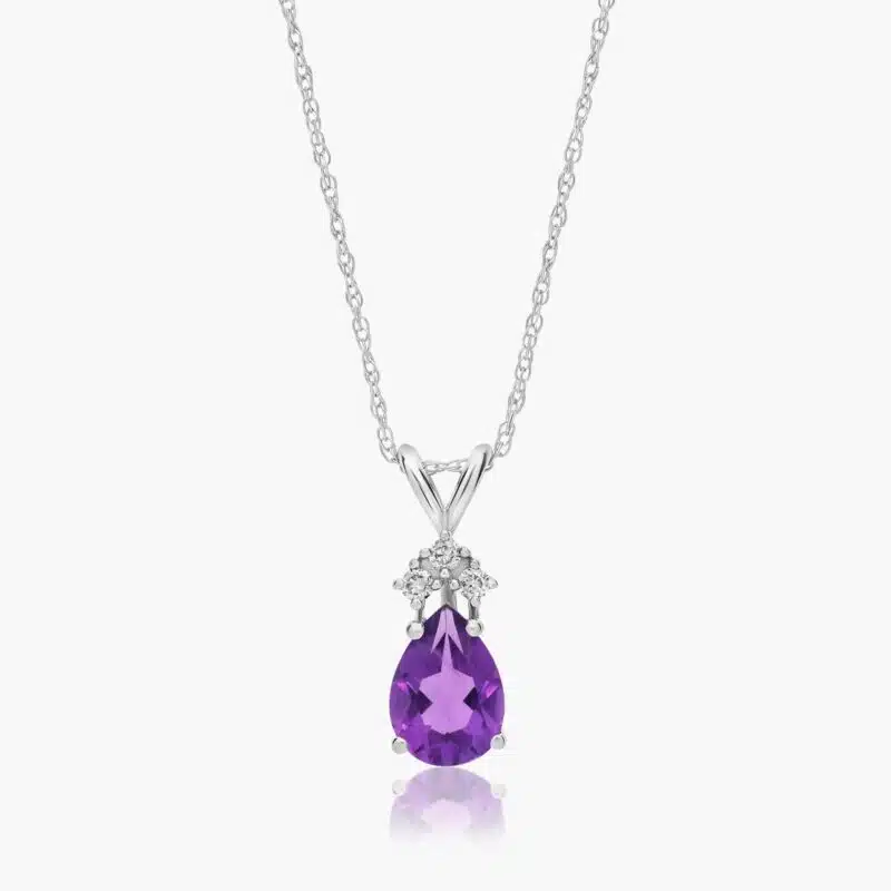 A Pear Shaped Amethyst (0.65 CT min) and Tri-Diamond Birthstone Pendant Necklace in 14K White Gold, a unique and meaningful option among Luxury Push Present Ideas.