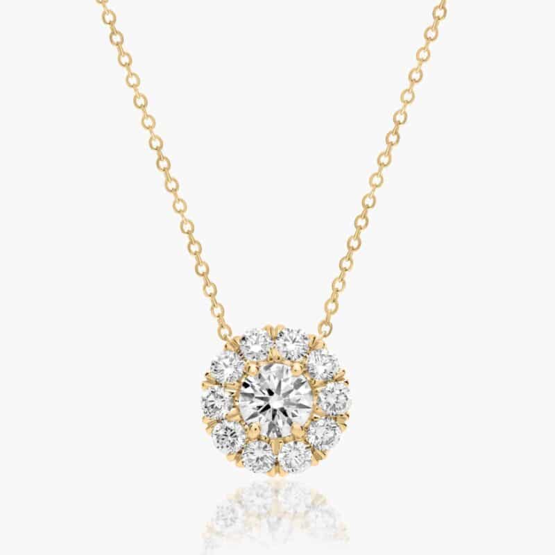A 1.50 CTW Halo Lab-Grown Diamond Pendant in 14K Yellow Gold with F-G/VS2-SI1 quality, a brilliant choice among Luxury Push Present Ideas and push present necklace for mom gifts.