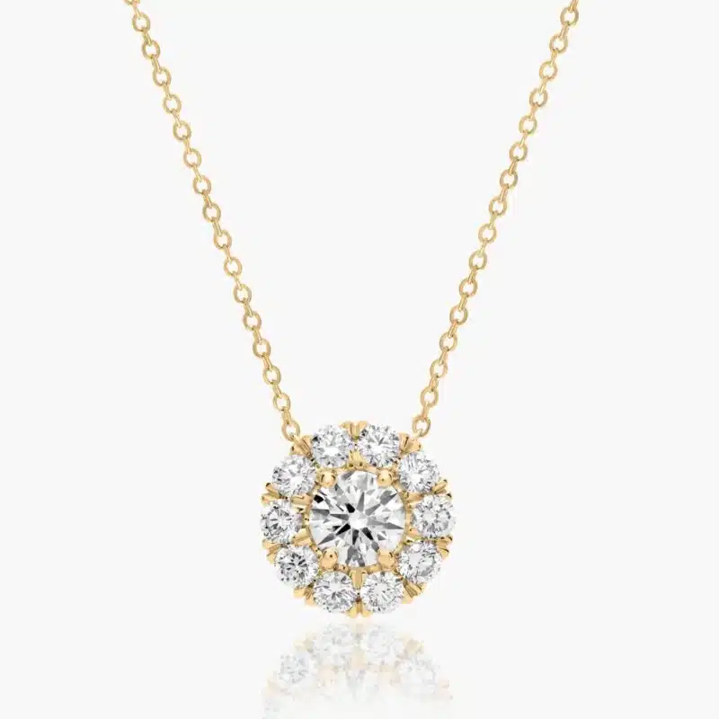 A 1.50 CTW Halo Lab-Grown Diamond Pendant in 14K Yellow Gold with F-G/VS2-SI1 quality, a brilliant choice among Luxury Push Present Ideas and push present necklace for mom gifts.