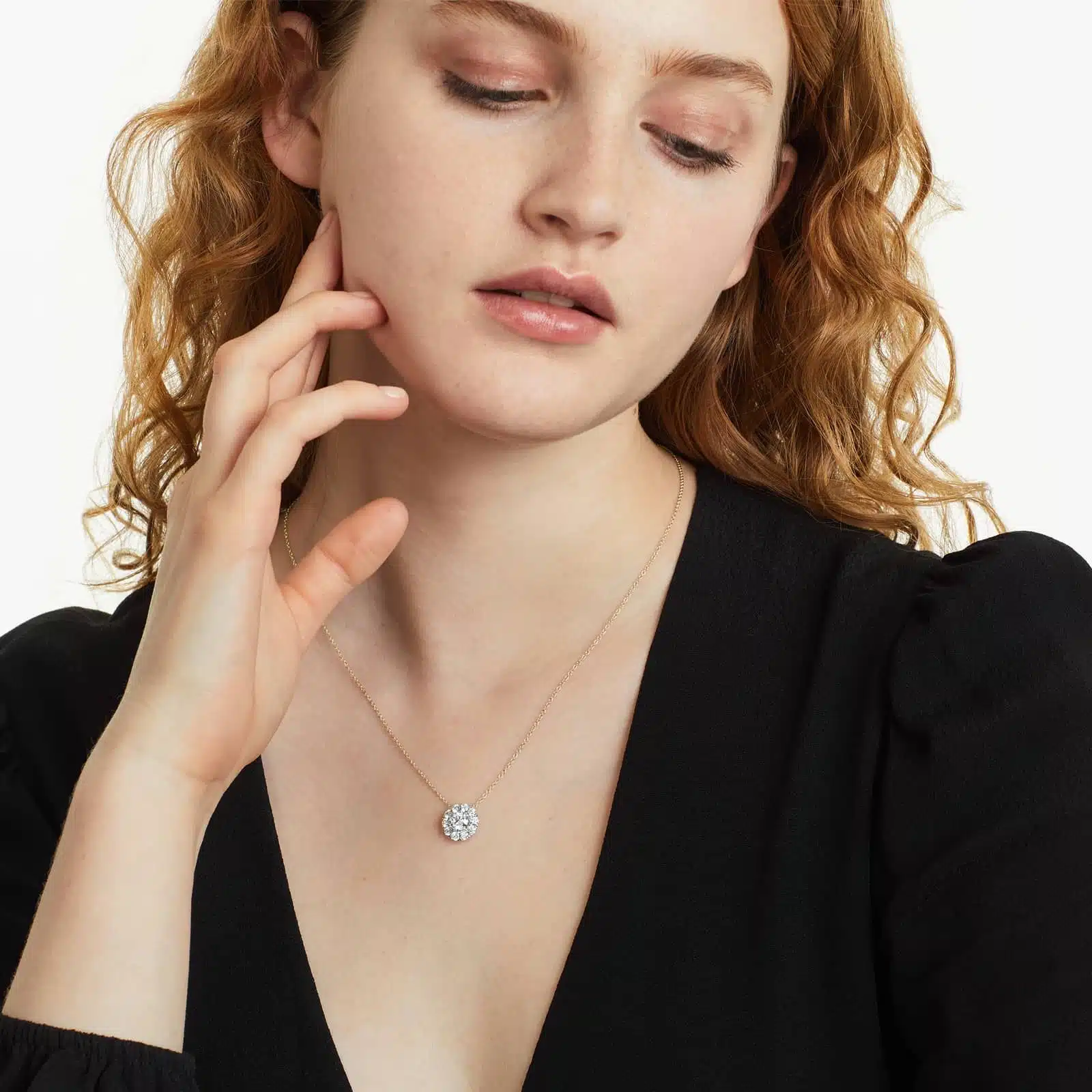 14K Yellow Gold Halo Lab-Grown Diamond Pendant model view 2 A 1.50 CTW Halo Lab-Grown Diamond Pendant in 14K Yellow Gold with F-G/VS2-SI1 quality, a brilliant choice among Luxury Push Present Ideas and push present necklace for mom gifts.