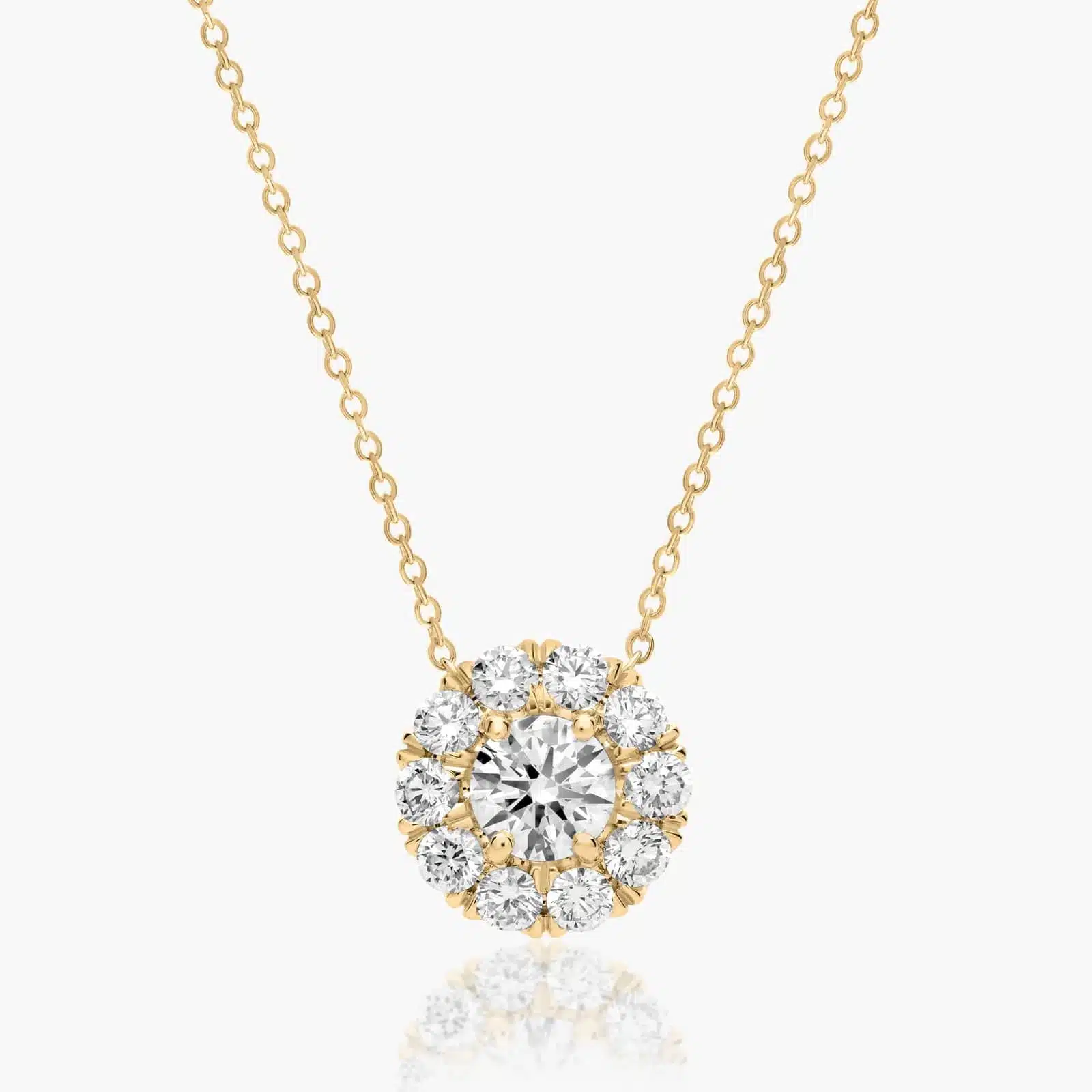 14K Yellow Gold Halo Lab-Grown Diamond Pendant A 1.50 CTW Halo Lab-Grown Diamond Pendant in 14K Yellow Gold with F-G/VS2-SI1 quality, a brilliant choice among Luxury Push Present Ideas and push present necklace for mom gifts.
