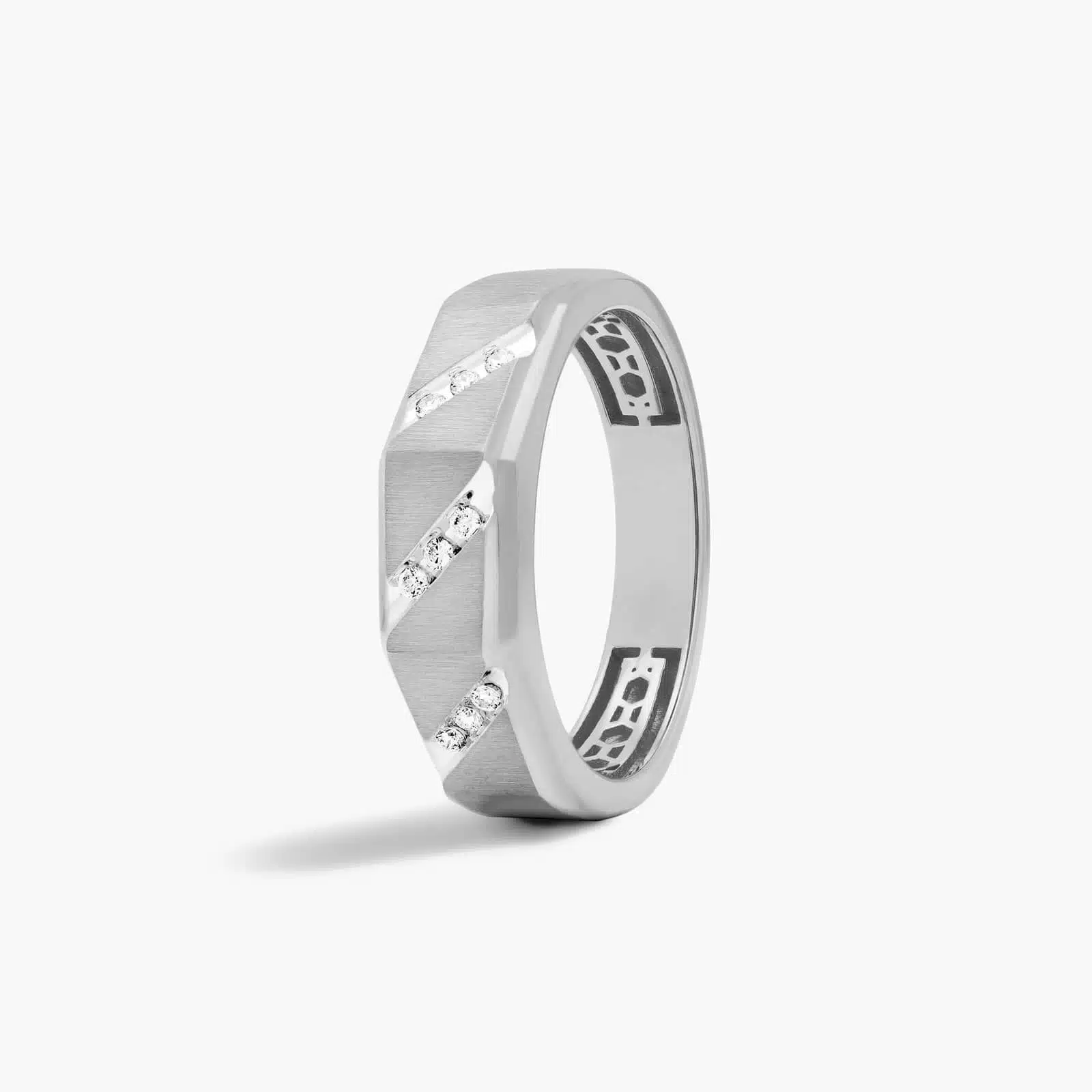 A Satin Oblique Channel Diamond Wedding Band For Him (7.00mm) with 0.10 CTW of diamonds, set in 14K White Gold.