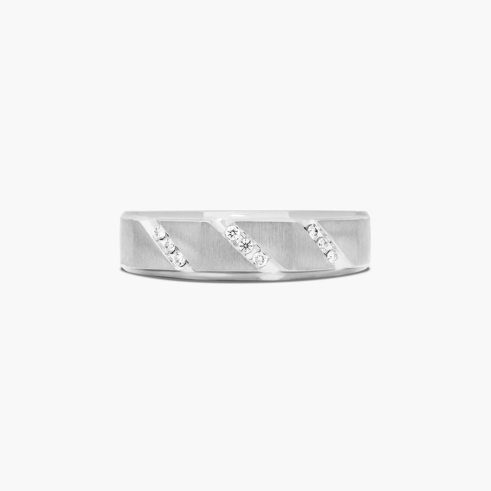A Satin Oblique Channel Diamond Wedding Band For Him (7.00mm) with 0.10 CTW of diamonds, set in 14K White Gold.