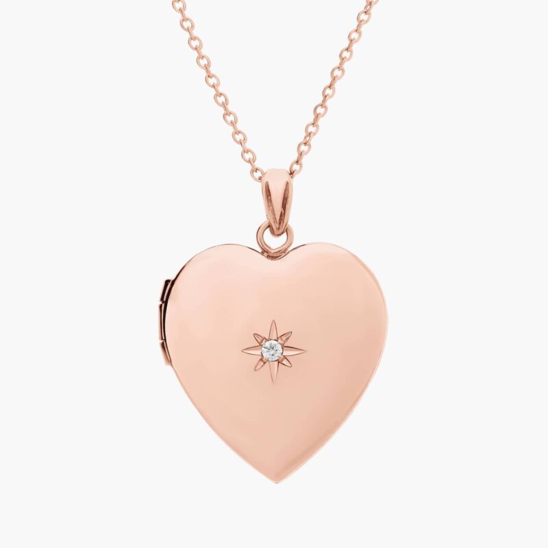 A closed 18-inch Sweetheart Locket with a single diamond accent in 14K Rose Gold, a romantic example of Luxury Push Present Ideas for a new mother.