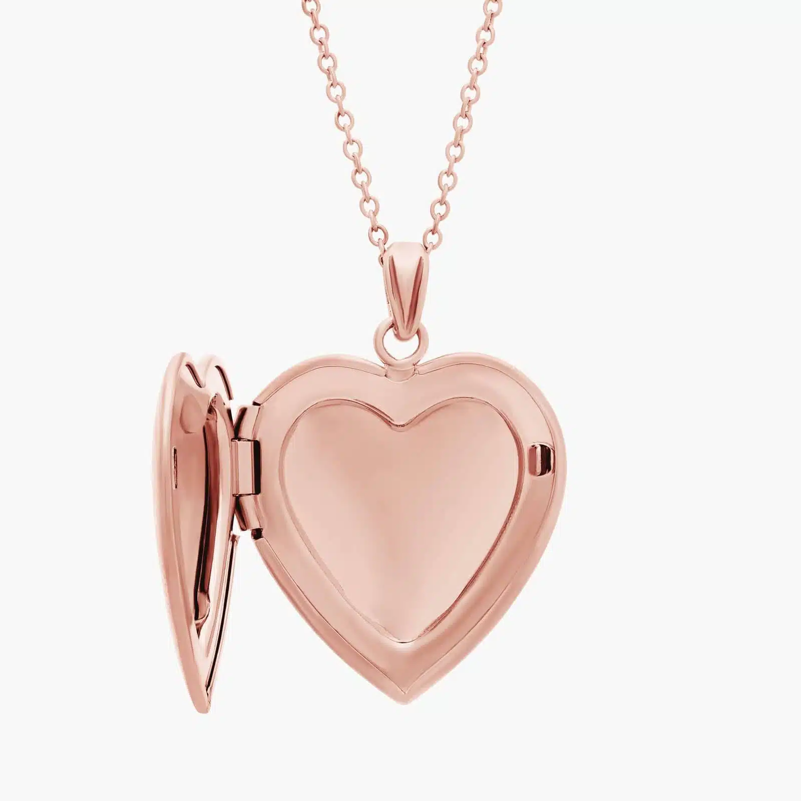 18 Sweetheart Locket with Diamond Detail in 14k Rose Gold opened A closed 18-inch Sweetheart Locket with a single diamond accent in 14K Rose Gold, a romantic example of Luxury Push Present Ideas for a new mother.