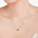 An East-West Pear Emerald (0.65 CT min) and Diamond Halo Necklace (0.14 CTW) in 18K White Gold, a modern and high-quality option among Luxury Push Present Ideas.