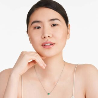 An East-West Pear Emerald (0.65 CT min) and Diamond Halo Necklace (0.14 CTW) in 18K White Gold, a modern and high-quality option among Luxury Push Present Ideas.