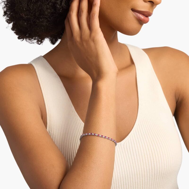 An Alternating Size Ruby and Diamond Bracelet (3.0mm Rubies, 0.3 CTW Diamonds) in 14K White Gold, a high-value and colorful option among Luxury Push Present Ideas and push present bracelet styles.