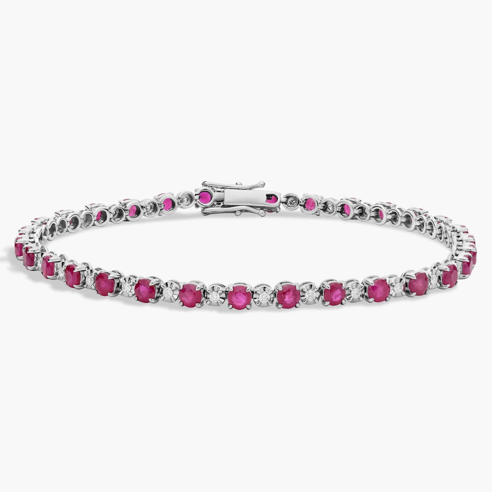 An Alternating Size Ruby and Diamond Bracelet (3.0mm Rubies, 0.3 CTW Diamonds) in 14K White Gold, a high-value and colorful option among Luxury Push Present Ideas and push present bracelet styles.