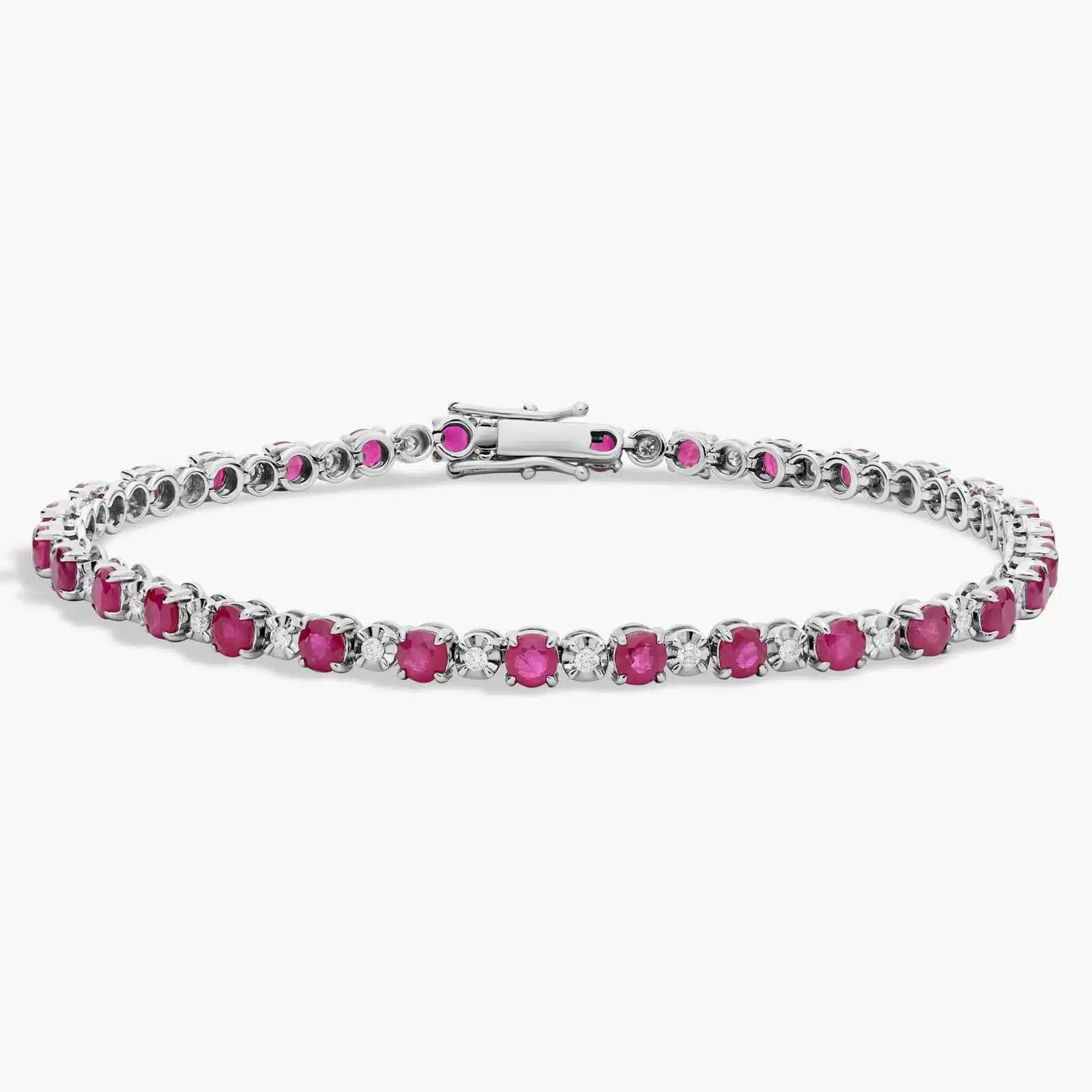 An Alternating Size Ruby and Diamond Bracelet (3.0mm Rubies, 0.3 CTW Diamonds) in 14K White Gold, a high-value and colorful option among Luxury Push Present Ideas and push present bracelet styles.