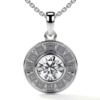 An Astrological Bezel Set Diamond Pendant in 14K White Gold with a GIA-certified 0.60 CT, I/VS2, Excellent Cut diamond, a highly personalized option among Luxury Push Present Ideas.