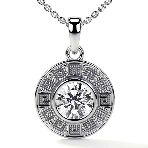An Astrological Bezel Set Diamond Pendant in 14K White Gold with a GIA-certified 0.60 CT, I/VS2, Excellent Cut diamond, a highly personalized option among Luxury Push Present Ideas.