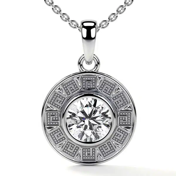 An Astrological Bezel Set Diamond Pendant in 14K White Gold with a GIA-certified 0.60 CT, I/VS2, Excellent Cut diamond, a highly personalized option among Luxury Push Present Ideas.
