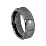 An 8mm Brushed Gunmetal Tungsten Mens Wedding Bands With Diamonds with a single diamond set in a 14kt White Gold Bezel.